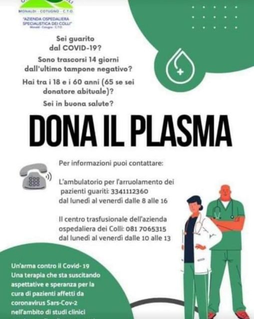 Covid. Campagna dell’Asl Na 3 Sud e Ospedali dei Colli per donazioni da guariti per plasma iperimmune
